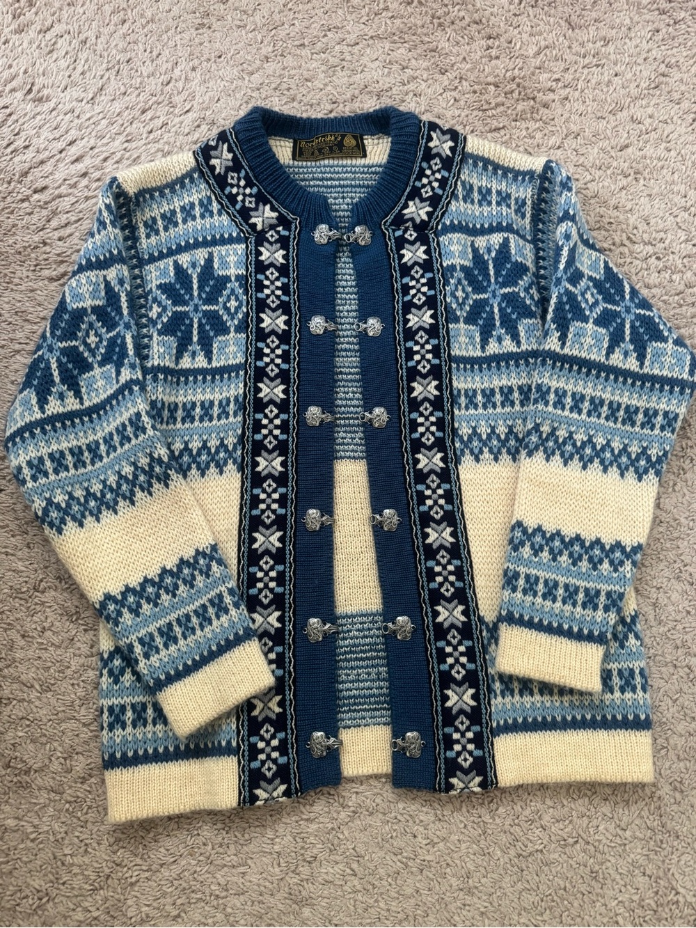 Blue and Cream Røros strikk cardigan Nordic Knit Men's Sweater Cardigan small